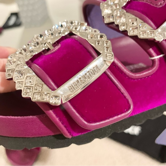 Fuchsia Pink Purple Arizona Crystal Buckle Velvet 2-Band Sandals - Picture 8 of 13